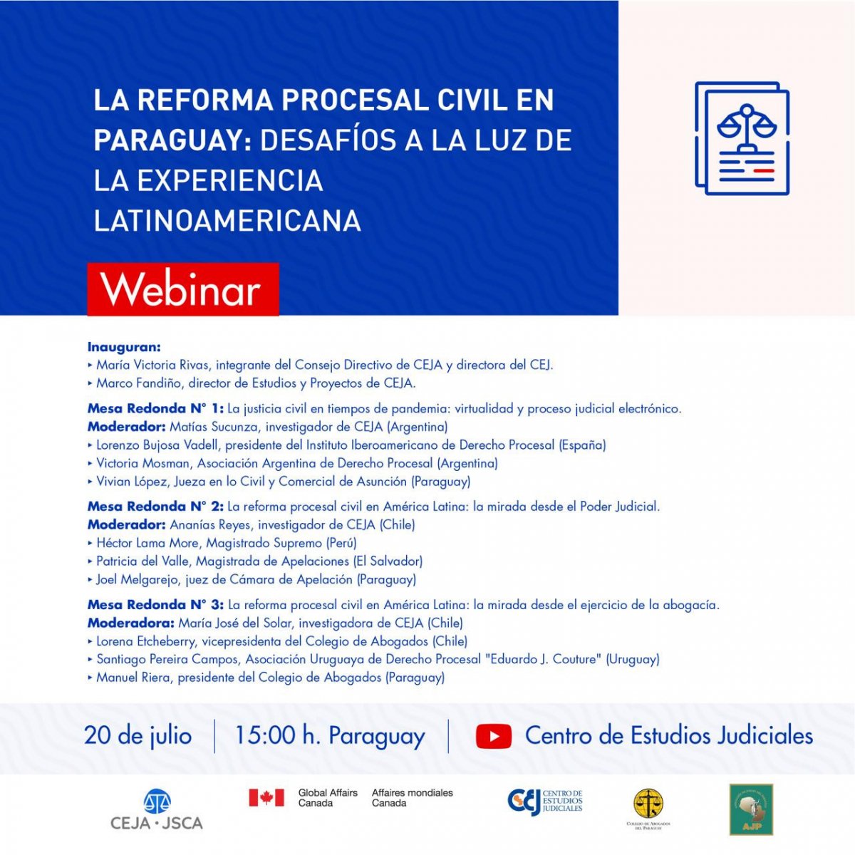 Se realizará el webinar “La Reforma Procesal Civil en Paraguay: desafíos a la luz de la experiencia latinoamericana”.