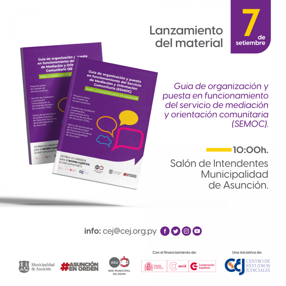 Se realizará el Lanzamiento de la Guía de Organización y puesta en funcionamiento del Servicio de Mediación y Orientación Comunitaria en la Municipalidad de Asunción.